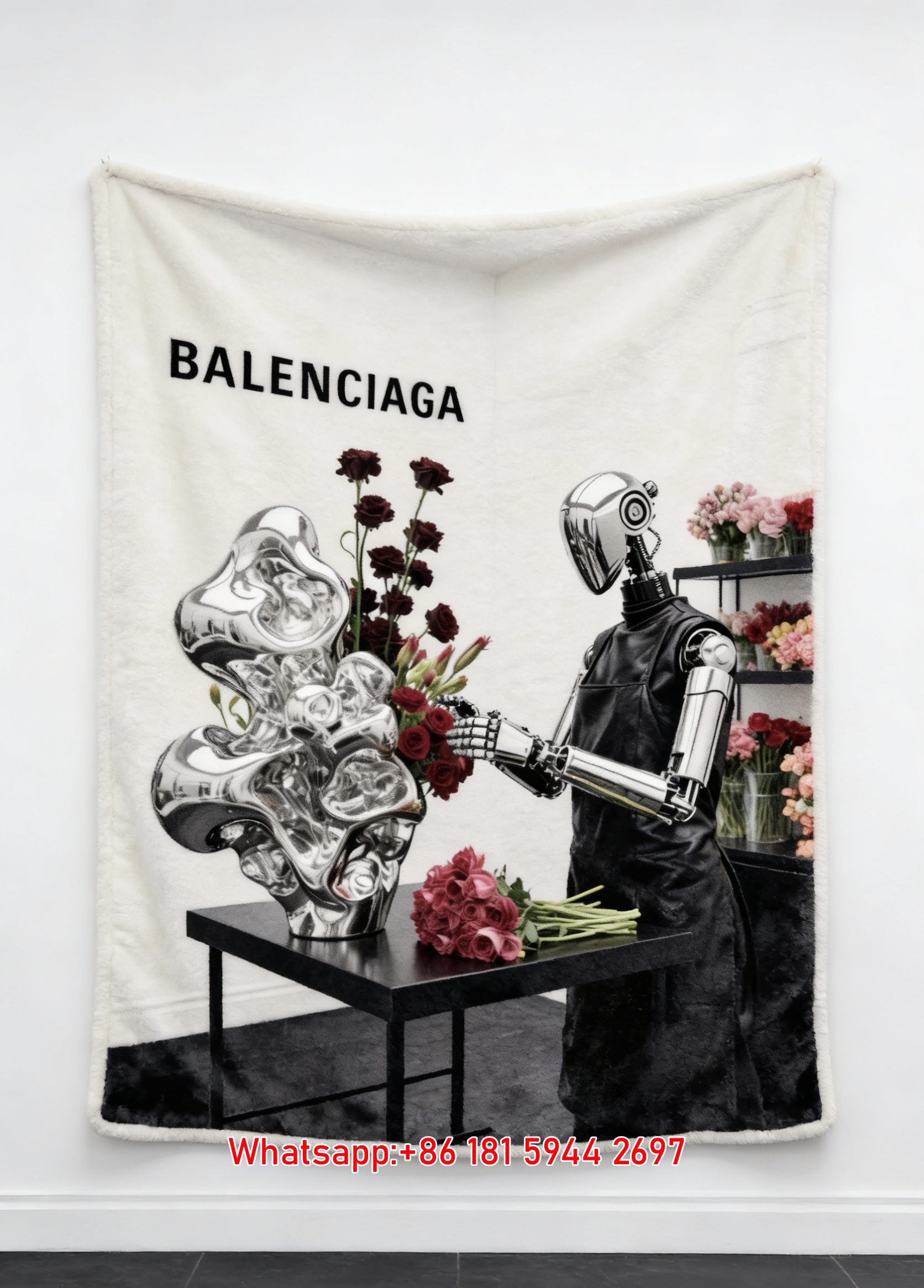 Balenciaga Robot Florist Red Rose Print Flannel Sofa Throw Blanket Premium Couch Cover BA388
